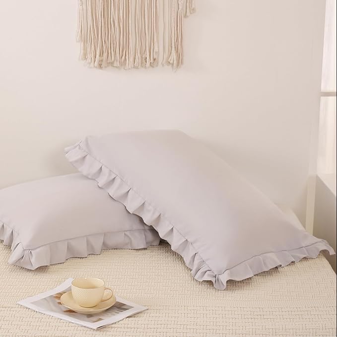 Merryword Beige Gray Pillowcases King Pillowcases Ruffled Pillow Shams Set of 2 Cute Pillowcases Solid Ruffled Fringe Design Light Gray Shabby Chic Pillowcases 2 Pack (King (20''x36''), Beige Gray)