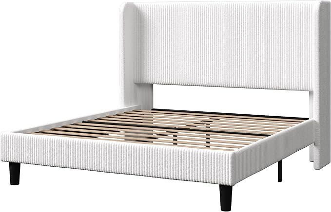 Allewie Queen Size Bed Frame with Upholstered Wingback Headboard, Vertical Channel Tufted Corduroy Velvet Platform Bed, Strong Wooden Slats Support, No Box Spring Needed, Easy Assembly, Sturdy, White
