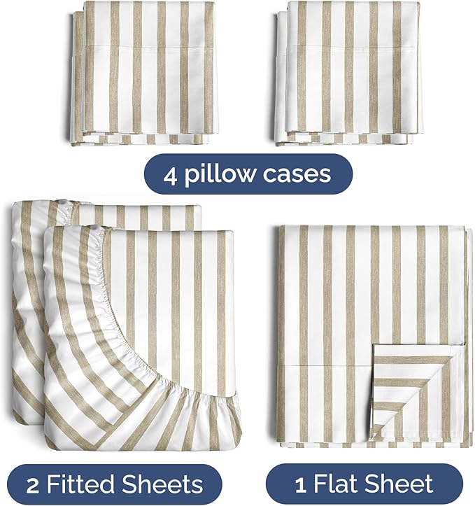 Split King 7 Piece Sheet Set - Comfy, Breathable & Cooling - Hotel Luxury Bedding for Women, Men, Kids, Teens & Children - 1 Flat & 2 Fitted Sheets & 4 Pillowcases w/ Deep Pockets - Beige Stripes 2