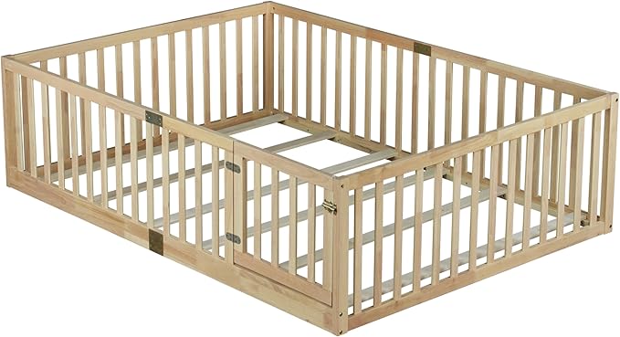 Bellemave Full Size Montessori Floor Bed with 21.5" High Rails, Rubber Wood Full Floor Bed with Slats and Door, Natural