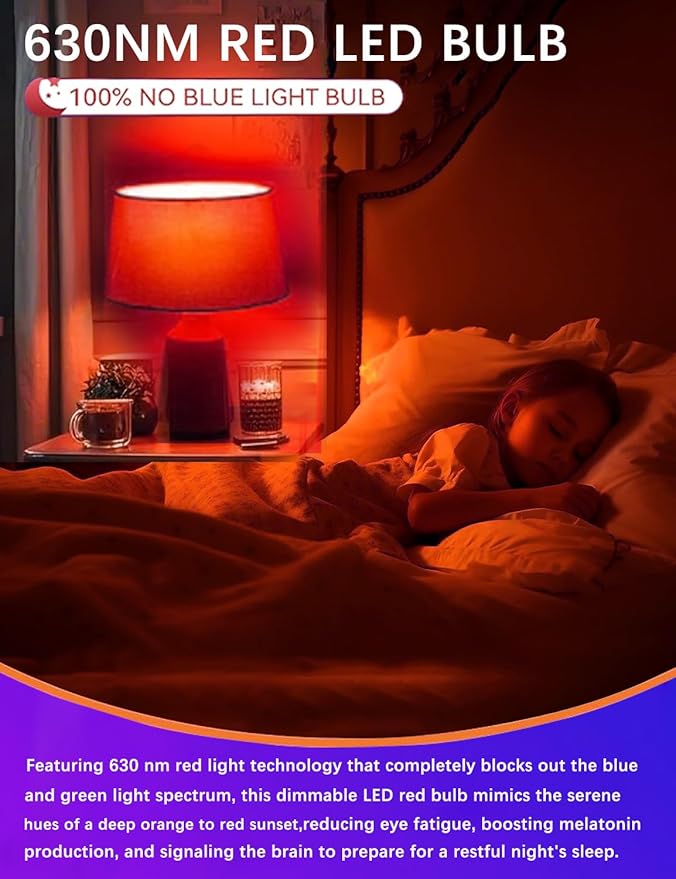 LED Red Sleep Light Bulb Dimmable, 100% Blue Light Blocking Bulb 630nm Promoting Melatonin Red Light Bulbs, A15 5W E26 Base Dim Light Bulbs for Bedroom, Baby Nursery,4 Packs