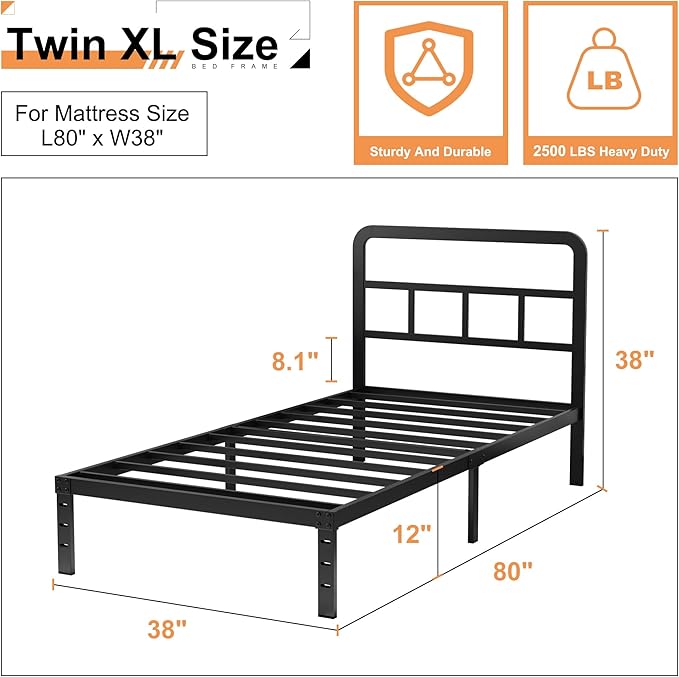 Husleephu Twin XL Bed Frames with Headboard, 12 Inch Twin XL Metal Bed Frame No Box Spring Needed, Heavy Duty Metal Slats, Noise Free, Easy Assembly, Black
