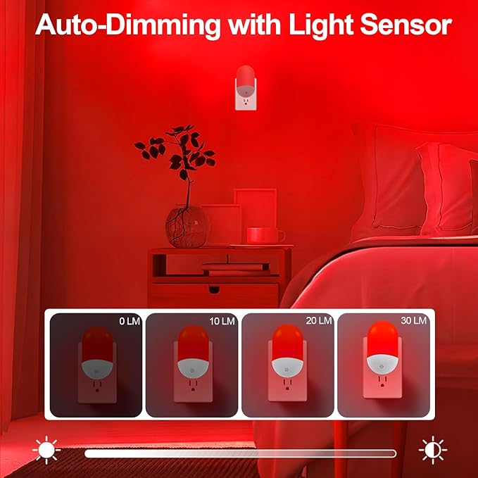 670nm Red Light Night Light for Sleep Therapy[3 Pack] - Zero Blue Light, with Dusk to Dawn Sensor Auto On/Off LED Night Light Plug into Wall for Nursery Bedroom Bathroom