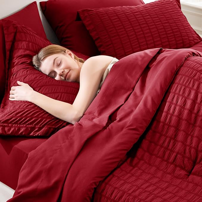 CozyLux Queen Comforter Set Dark Red Seersucker 7 Pieces Bed in a Bag Queen Comforter Set with Sheets, Luxury Soft Bedding Sets with Down Alternative Comforter, Sheets, Pillowcases & Shams All Seasons