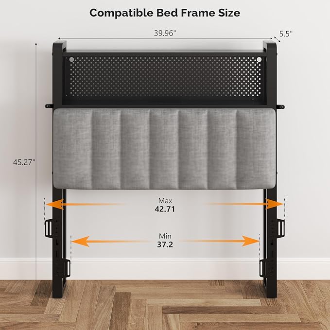 VINGLI Twin or Twin XL Size Headboard, Adjustable Upholstered Headboard with 2 Tier Shelves and Pegboard with Charging Stations and LED Lights, Modern Bed Headboard with Storage for Bedroom Decor