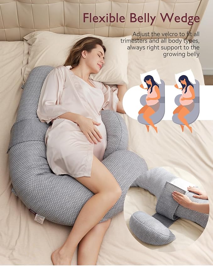 Momcozy Pregnancy Pillow,Original F Shaped Maternity Pillow for Pregnant Women with Adjustable Wedge Pillow, Full Body Support Pregnancy Pillows for Side Sleeping with Velvet Cover, Light Grey