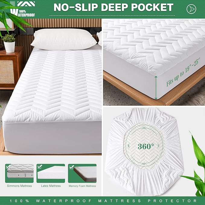Unilibra King Size Waterproof Mattress Pad Rayon Made from Bamboo, Quilted Breathable Mattress Protector, 6''-25'' Deep Pocket Fitted Mattress Cover White