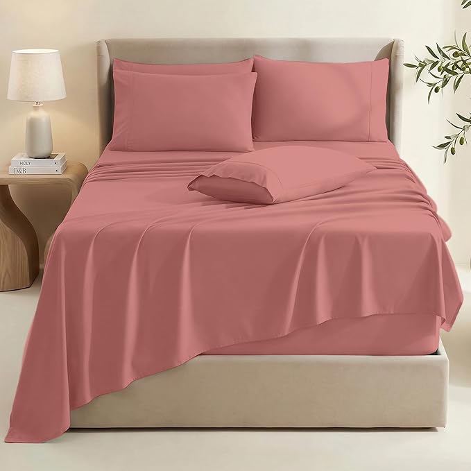 Hearth & Harbor Extra Deep Pocket Sheets - Fits Mattress 18-24 Inches Deep - Extra Deep Pocket Twin Sheets Sets - 4 Piece Twin Size - Misty Rose