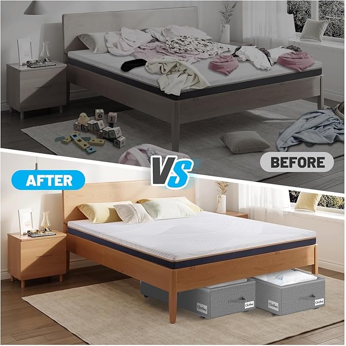 Under Bed Storage with Wheels, 2-Pack 10" Height XXL 60L Rolling Storage Bins, Quick Assembly Underbed Shoe Storage Containers with Clear Lid & Label, Dorm Under Bed Drawers for Clothes, Shoes, Grey