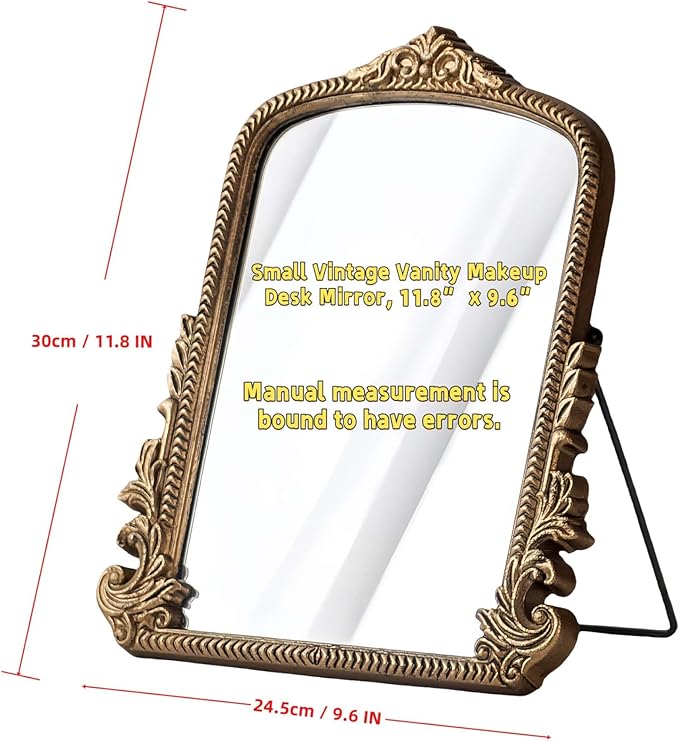 Small Vintage Vanity Makeup Desk Mirror, Antique Traditional Arch Table Mirror in Gold, Decorative Wood Carved Mirror for Living Room Bedroom Tabletop 11.8" x 9.6"