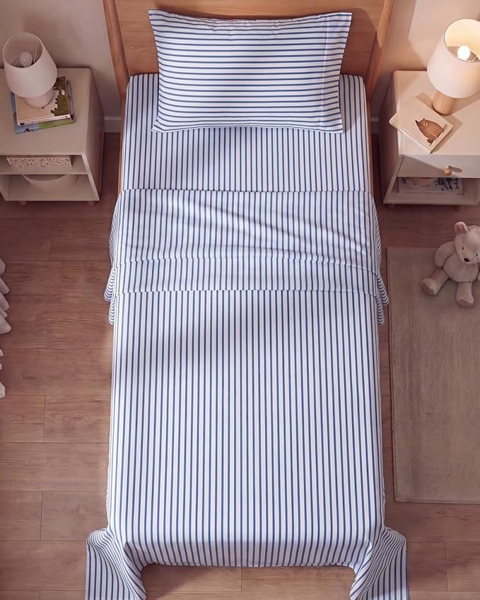 Twin Size 3 Piece Sheet Set - Comfy Breathable & Cooling Sheets - Hotel Luxury Bed Sheets for Women & Men - Deep Pockets, Easy-Fit, Soft and Wrinkle Free Sheets - Blue Stripes Oeko-Tex Bed Sheet Set