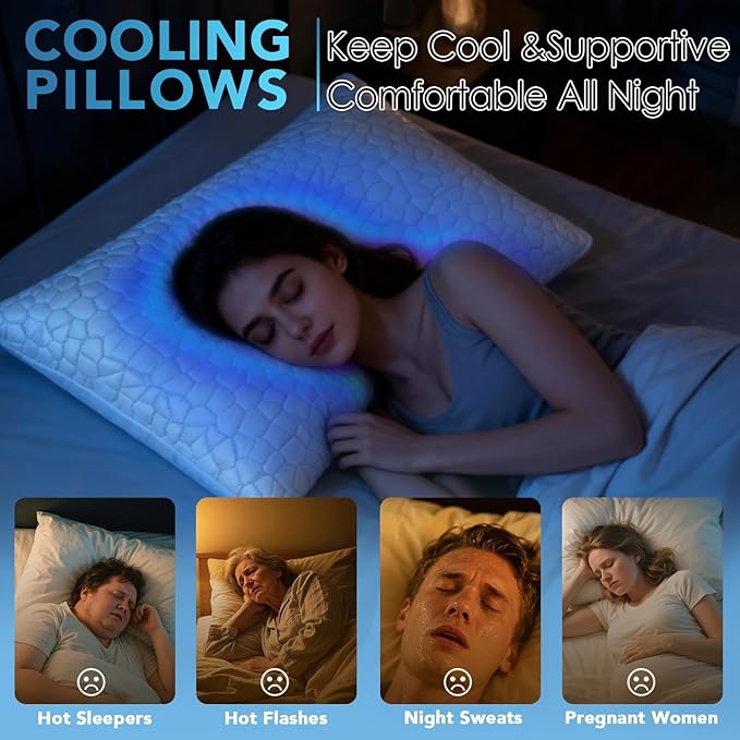 QUTOOL Cooling Pillow for Sleeping 2 Pack,Luxury Shredded Memory Foam Bed Standard Pillows Set of 2,Cool Pillow for Hot Sleepers Adjustable Firm Pillow for Side,Back,Stomach Sleepers Soft Yet Support