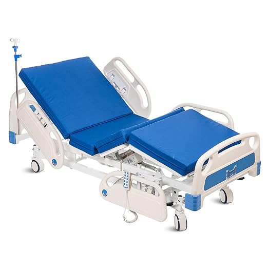Real Relax 5 Function Full Electric Hospital Bed, ICU Electric Medical Bed with 4 inch Foam Mattress & IV Pole and Central Locking System with 5” Casters for Home Hospital Use, 530LBS Loading.