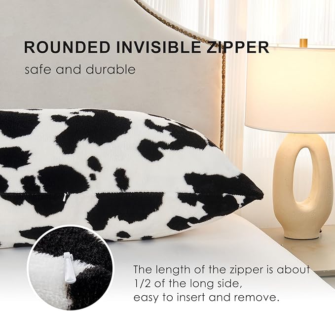 SOCHOW Body Pillow Cover 21x54 Inches, Super Soft and Cozy Cow Print Fleece Long Body Pillowcase with Zipper Closure,1 Pack, Black/White