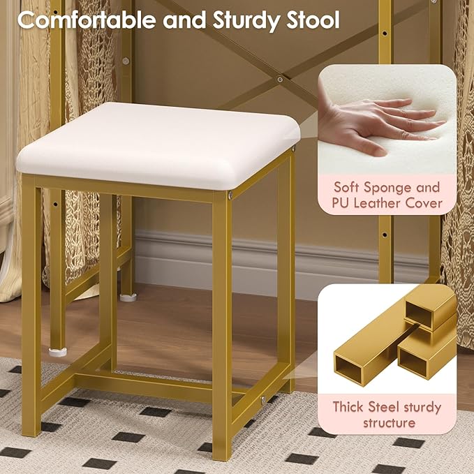 X-cosrack Small Makeup Vanity Desk with Mirror & Chair, Mini Vanity Desk Table Set with Fabric Storage Drawer, 19.7" Compact Vanity Desk for Girls, Dressing Table with Chair for Bedroom, White Golden