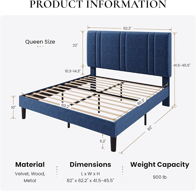 SHA CERLIN Queen Size Platform Bed Frame, Velvet Upholstered Bed with Adjustable Headboard, Vertical Channel Tufted Design, Sturdy Wood Slat Support, No Box Spring Needed, Easy Assembly, Dark Blue