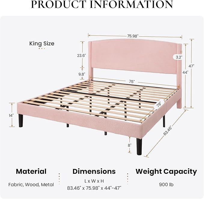 SHA CERLIN King Size Bed Frame with Soft Teddy Fabric, Boucle Upholstered Platform Bed, Curved Headboard Design, Wooden Slats Support, Noise-Free, No Box Spring Needed, Easy Assembly, Pink