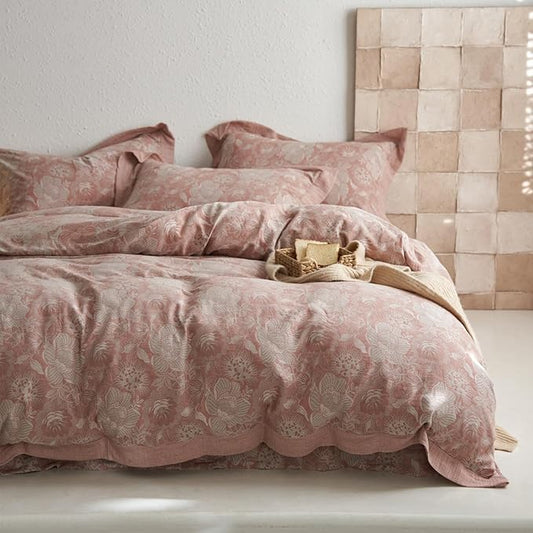 VM VOUGEMARKET Jacquard Floral Duvet Cover Set King,Yarn-Dyed Cotton Blush Pink Flower Duvet Cover Bordered,Vintage Garden Style Bedding Set King Size 3 Pieces