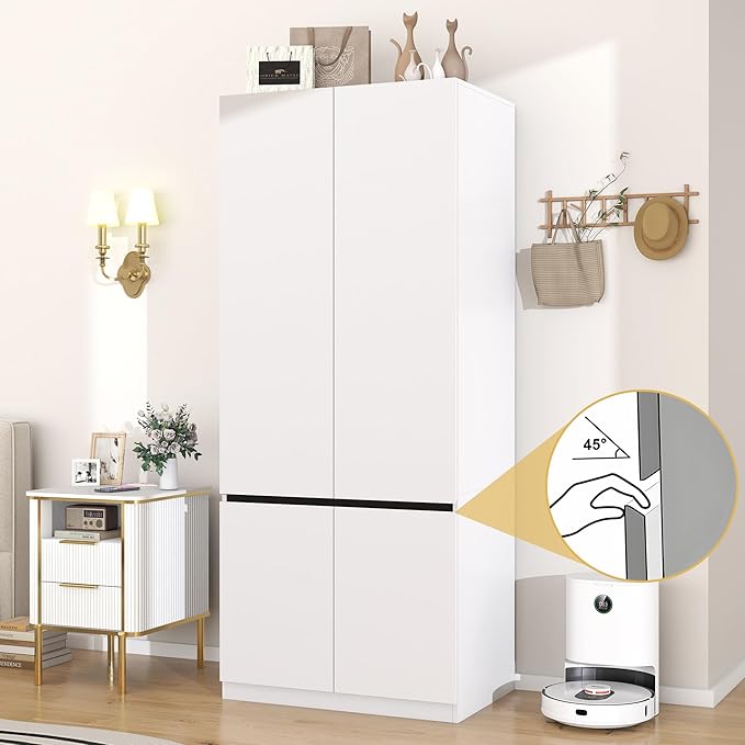 White Armoire Wardrobe Closet: 74" Wooden Wardrobe Closet with 2 Doors, Bedroom Armoires with Hanging Rod, Tall Closets Cabinet for Hanging Clothes (31.5")