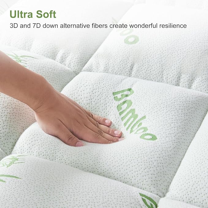 Queen Size Mattress Topper Viscose Derived from Bamboo, Soft Thick Pillow Top Mattress Pad Cover for Back Pain, Cooling Mattress Protector with 8-21 Inch Deep Pocket, White