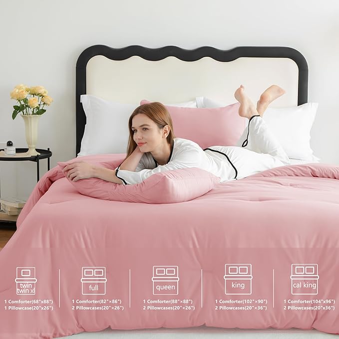 CozyLux Full Size Comforter Set Pink, 3 Pieces Solid Breathable Quilted Bedding Sets, Luxury Lightweight Soft Bed Set with Down Alternative Comforter and 2 Pillowcases for All Seasons