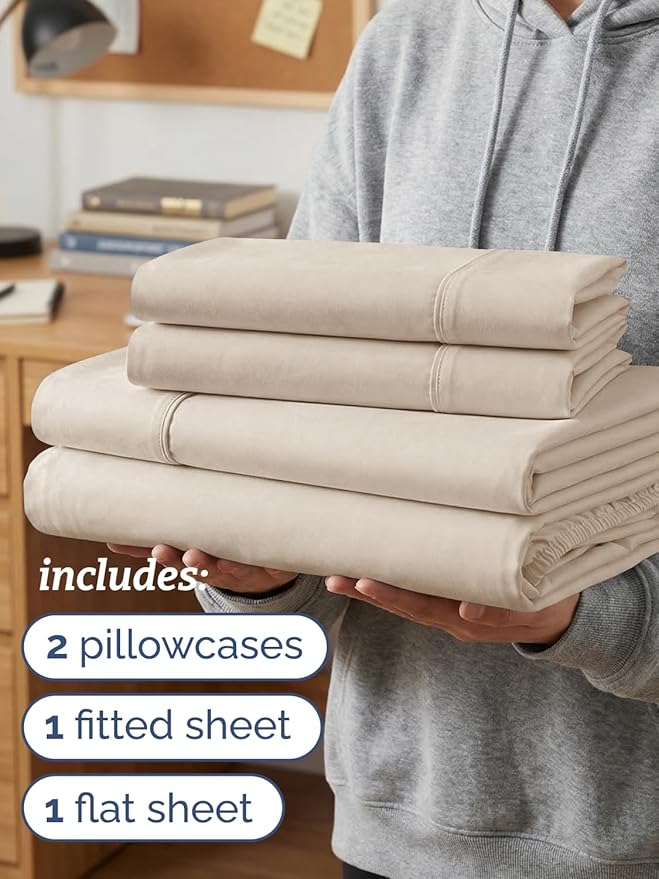 Twin XL 4 Piece Sheet Set - Comfy, Breathable & Cooling - Hotel Luxury Bedding for Women, Men, Kids, Teens and Children - 1 Flat & 1 Fitted Sheet & 2 Pillowcases w/ Deep Pockets - Wrinkle Free - Wheat