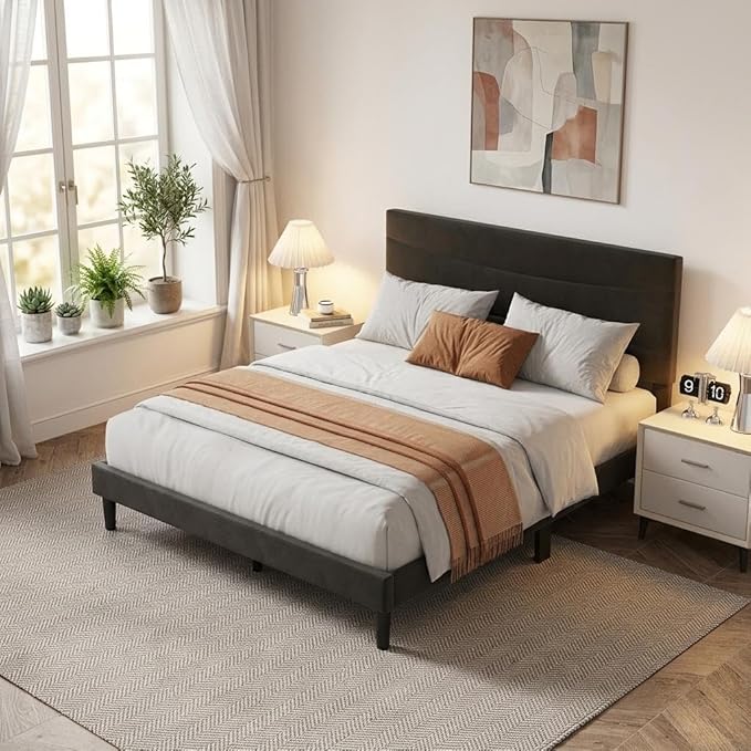 IDEALHOUSE Queen Size Upholstered Platform Bed Frame with Ergonomic Headboard, Beige Soft Fabric, Heavy Duty Wooden Slats, Noise-Free, 6.3" Underbed Storage, No Box Spring Needed, Easy Assembly