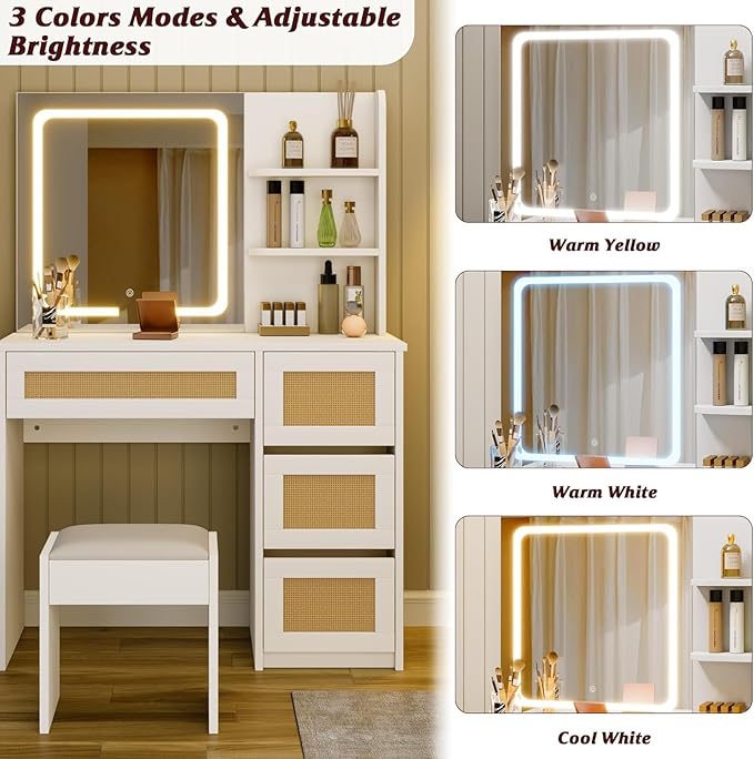 GarveeHome Rattan Vanity with Mirror, Makeup Vanity Desk with Adjustable LED Light, Large Storage Space and4 Drawers, 2 Tiers of Open Shelves for Bedroom in White & Natural