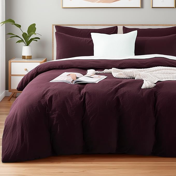 NEXHOME PRO Duvet Cover Set Kids Twin Size Linen Look Textured Organic Natural 100% Washed Cotton Duvet Cover Burgundy Dark Red 2 Pieces Bedding Set with Zipper Closure, Breathable (No Comforter)