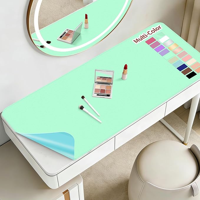 Makeup Mat for Vanity to Protect Desk Top 23.6 x 11.8 in, Dual-Sided Makeup Mat, Easy to Clean Desk Pad - Waterproof and Oilproof Vanity Accessories (Calamine Blue and Mint Green)
