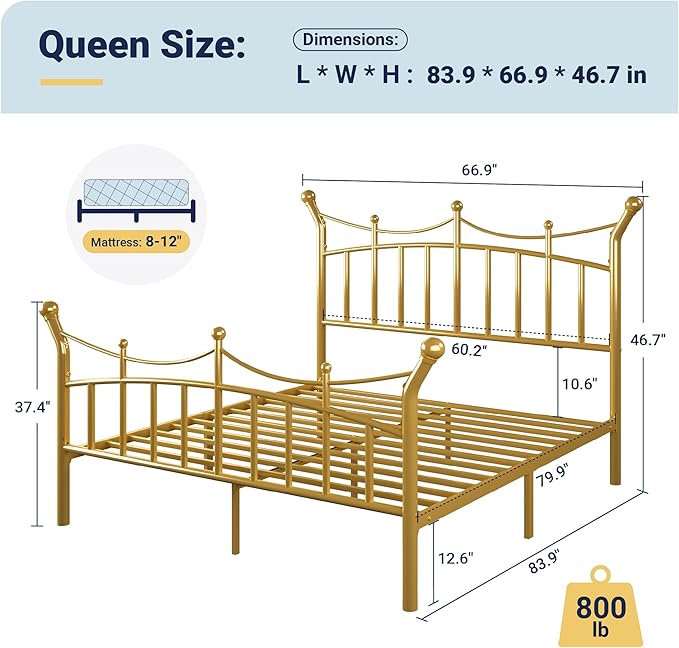 Allewie 14 Inches Queen Size Metal Platform Bed Frame with Elegant Crown Iron-Art Headboard & Footboard, Sturdy Mattress Foundation with Under-Bed Storage, Easy Assembly, No Box Spring Needed, Gold