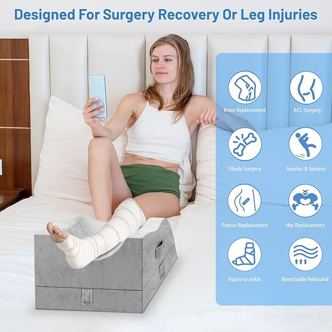 Leg Elevation Pillows, Wedge Pillow for After Surgery, Memory Foam Leg Support Adjustable, Comfort Care for Back Knee Hip Ankles Pain, Knee Pillow for Sleeping Blood Circulation Light Grey & White