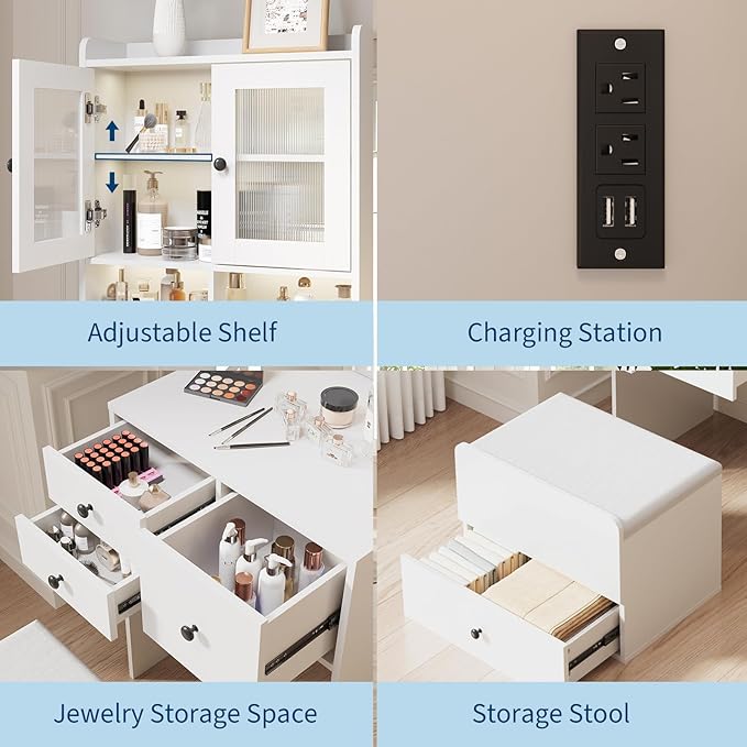 Garvee 3 in 1 Vanity Desk with LED Light, Tall Makeup Vanity Set with 2 AC Outlets & USB-c, Dressing Table with Drawers & Acrylic Doors, Nightstand Vanity Mirror, Jewelry Box, Cushioned Chair, White