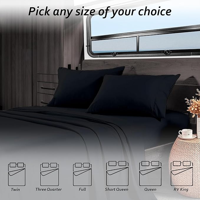 RV Camper King RV Camper Sheet Set (72x80) – 100% Egyptian Cotton, Soft & Cooling, 16” Deep Pocket Fitted Sheet, Luxury Hotel Quality Bedding for RVs, Campers & Motorhomes (Black)