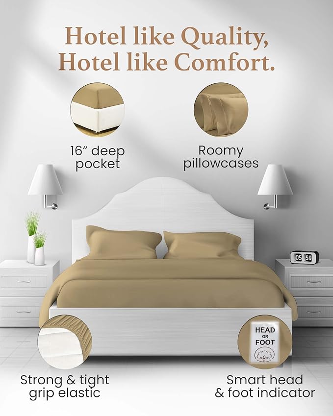 Good Sleep Bedding California King Sheet Sets, 4 Piece, 100% Egyptian Cotton Cal King Sheet Set, Sateen Weave, Ultra-Soft, 16" Deep Pocket California King Sheet Set - Taupe