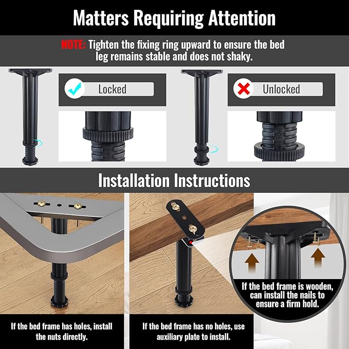 YHK 4PCS Adjustable Height Bed Support Legs 7.8-13.0inch, Heavy Duty Bed Frame Support Legs for Bed Slat and Frame, Plastic Bed Frame Support Replacement Bed Support Reinforcement Parts