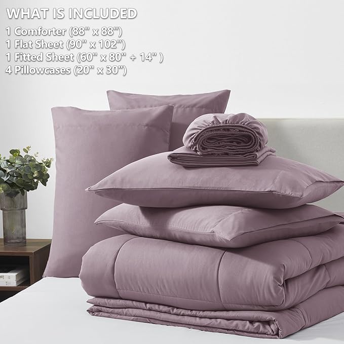 CozyLux Queen Comforter Set Dusty Purple, 7 Pieces Bed in a Bag, Grayish Purple Comforters Queen Size, Bedding Set with All Season Quilted Comforter, Flat Sheet, Fitted Sheet, Pillowcases