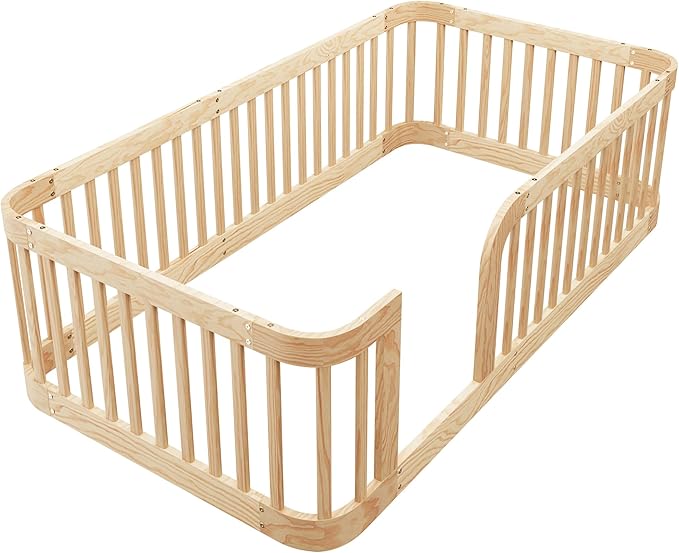 Bellemave Twin Floor Bed with High Fence and Rounded Corner Design, Twin Size Montessori Bed with Safety Guardrails, Easy Assemble Montessori Beds Frame for Girls, Boys, Natural