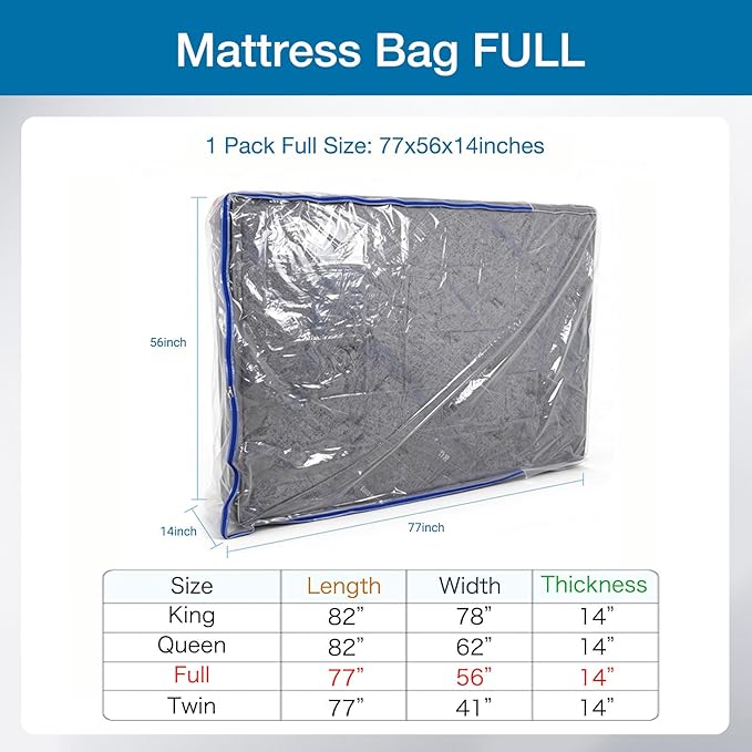 Plastic Mattress Bag for Moving (Full), 3 Mil Extra Thick Mattress Cover Protector with Zipper, Clear Mattress Storage Bag for Bed, Waterproof & Reuseable Mattress Moving Supplies