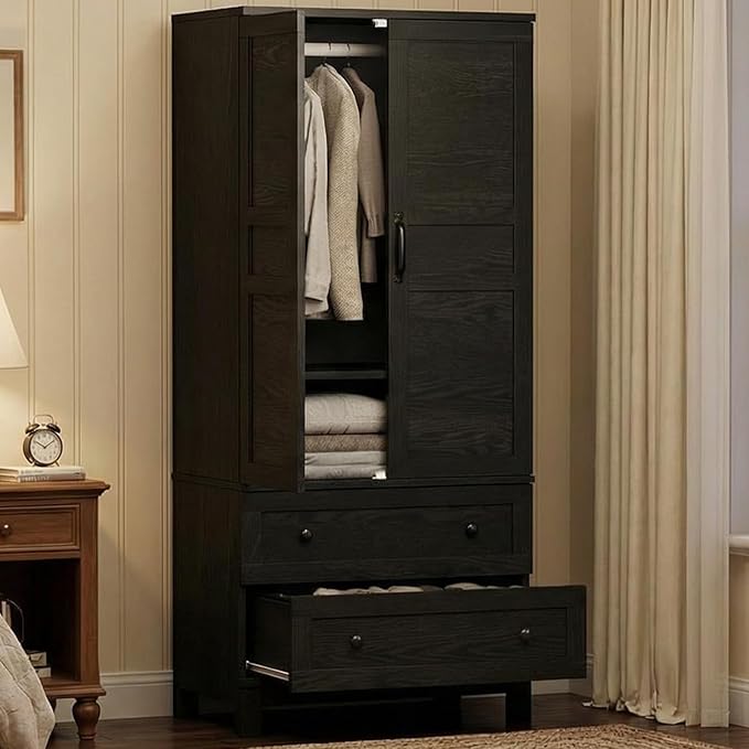 IDEALHOUSE Armoire Wardrobe Closet with 2 Drawers, 72" Tall Wooden Clothing Wardrobe with Hanging Rod & DIY Adjustable Shelf, Heavy Duty Bedroom Armoire Storage Cabinet with Doors, Rustic Black