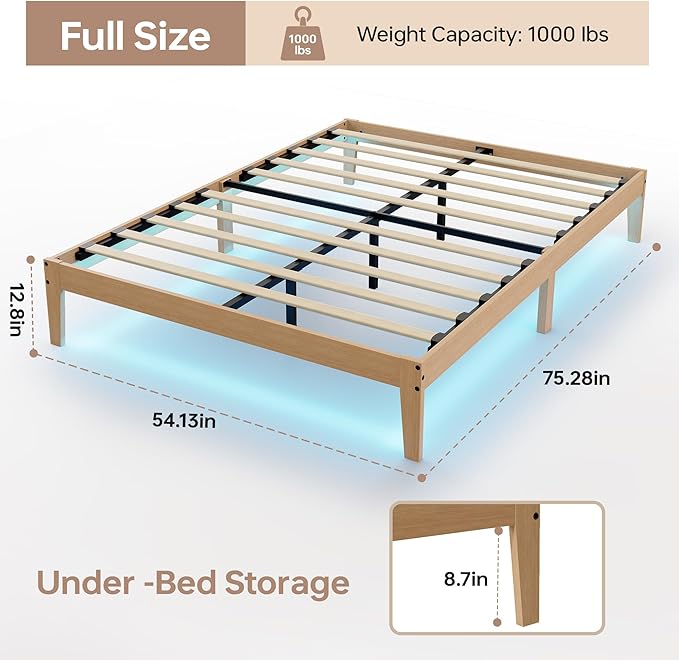 Tyndall Full Size Bed Frame with LED Lights, 12 Inch Solid Wood Platform Bed Frame with Under Bed Storage, Wooden Slats Support, Natural Finish, No Box Spring Needed, Noise Free, Easy Assembly