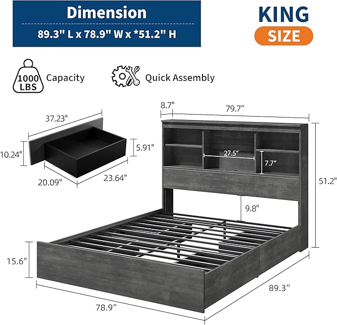GarveeHome King Size Bed Frame with High Storage Bookcase Headboard, Wood Bed Frame with 4 Storage Drawers, Built in Charging Station, No Box Spring Needed, Metal Frame, Noise-Free, Ink