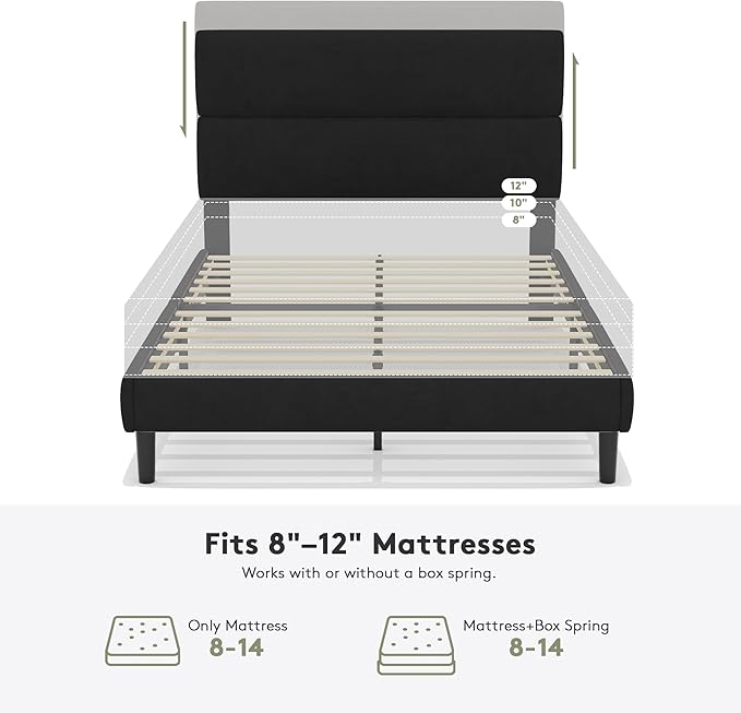 GRUSIGN Full Size Platform Bed Frame with Velvet Headboard, Adjustable Height Wooden Slats Support, Upholstered Mattress Foundation, Fits Mattress or Mattress with Box Spring, Easy Assembly, Black