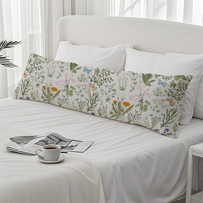 Vintage Floral Botanical 20x54 Body Pillow Cover, Cottagecore Room Decor, Rustic Cottagecore Wildflower Plant Decorative Long Body Pillow Cases for Bed Couch