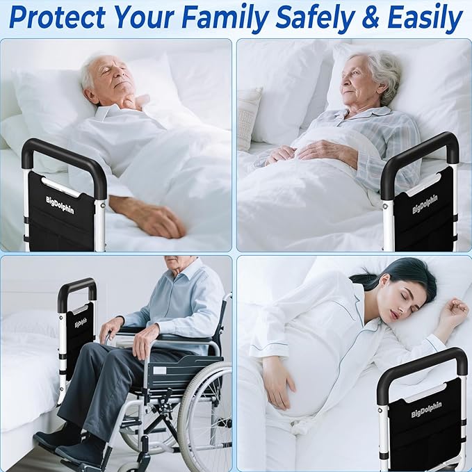 Bed Assist Rail - ASTM Approved, Adjustable Bed Cane with Non-Slip Ergonomic Handle & Storage Pocket, Bed Railings for Seniors Support 400 LBS, Tool-Free Assembly