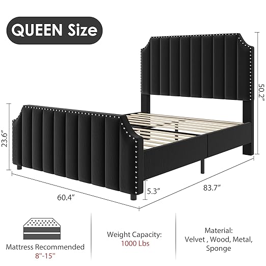GarveeHome Queen Size Platform Bed Frame with 50.2 in Tall Headboard, Velvet Upholstered Bed Frame with Vertical Channel Tufted Headboard & Footboard, Nailhead Trim, No Box Spring Needed, Black