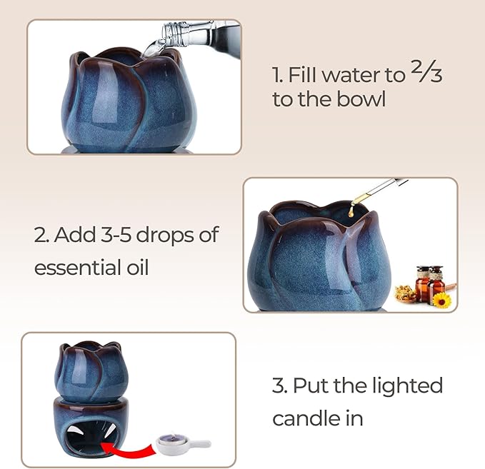 ComSaf Ceramic Essential Oil Burner, Reactive Glaze Aromatherapy Diffuser, 180ml Sculptural Wax Melt Warmer with Pull-Out Tea Light Tray, Artisan Pottery-Style Oil Warmer, Decorative Ambient Lighting