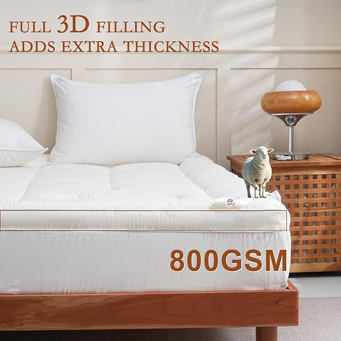 YOUR MOON 100% Wool Mattress Topper Full Size, 800GSM Natural Wool Filling, Thick Pillow Top Mattress Pad, Back Pain Relief Bed Topper with Cotton Cover, 16" Deep Pocket, 54"x75" (White)