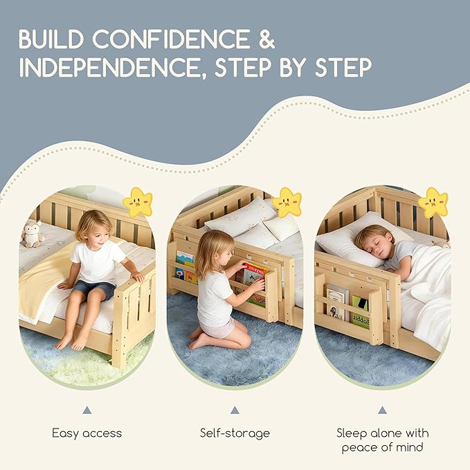 Bellemave Queen Floor Bed Frame with Fence & Bookshelf, Solid Wood Montessori Floor Bed Frame Queen with Slats Load 550LBS, Low Floor Bed for Kids, Bedroom, Nursery, Easy Assembly, Natural