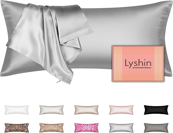 Silk Body Pillow Cover with Zipper, Mulberry Silk Pillow Cases Body Size, Ultra Smooth and Soft Breathable Cooling Silk Satin Body Pillowcase for Hair and Skin, Light Grey (20x54 Inches, 1 Pack)